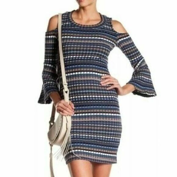 Ella Moss Striped Cold Shoulder Bell Sleeve Bodycon Mini Dress Medium - Picture 2 of 6
